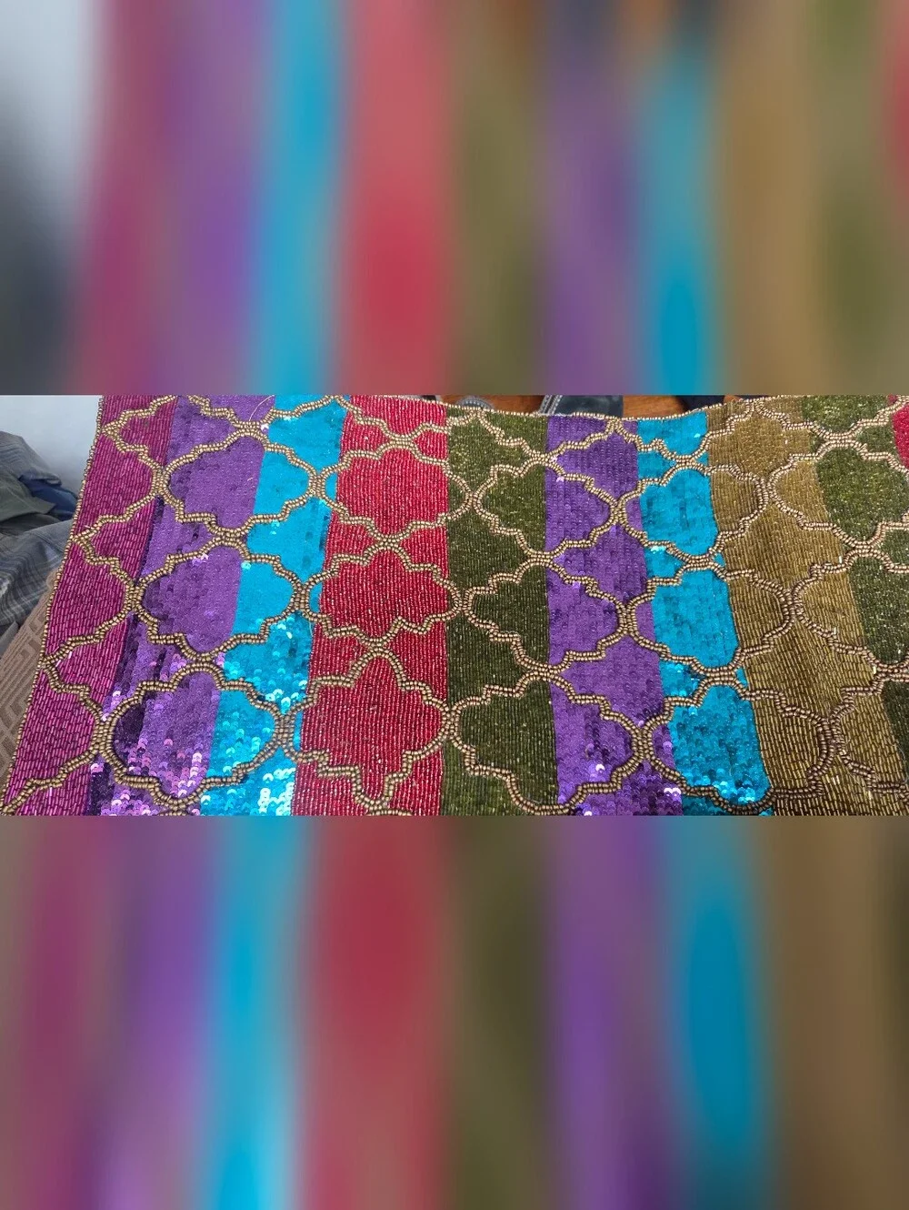 Vintage Pier 1 Imports Beaded & Sequined Table Runner 36X13 Vibrant Color block